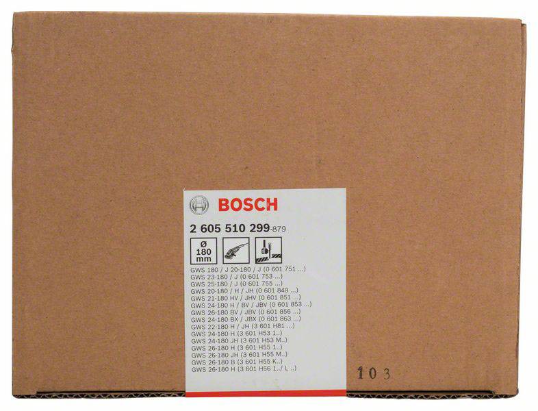 Un carton brun portant une étiquette Bosch répertoriant différents modèles de meuleuses et leurs spécifications.