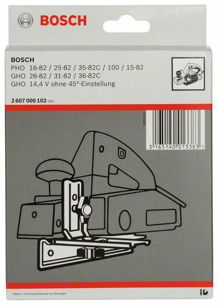 Emballage du rabot 'Bosch', numéros de modèle et code-barres visibles. Illustration de l'outil sur un fond gris.