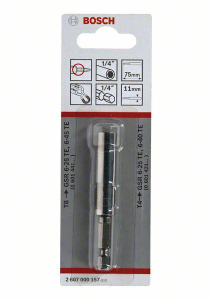 Bosch - Coffret d'embouts avec deux embouts. À gauche, dessins techniques des embouts, à droite les dimensions : 1/4", 75 mm, 11 mm.
