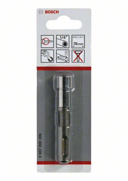 'Adaptateur Bosch SDS en emballage, fixation 1/4", longueur 78 mm, adapté pour perceuses. Instructions et avertissements de sécurité illustrés.'