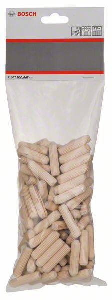 Un sachet de chevilles en bois de Bosch, contenant de nombreux goujons cylindriques, adaptés pour les assemblages de bois dans des projets de meubles ou de construction.
