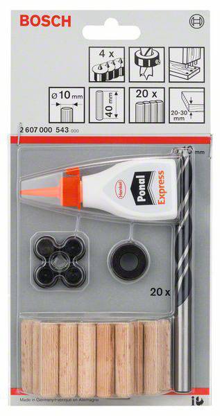 Kit de colle Bosch avec chevilles en bois, colle à bois et accessoires pour la construction de meubles. Comprend 20 chevilles et 20 accessoires pour travaux artisanaux.