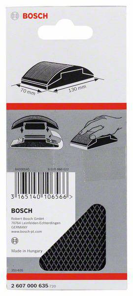 Emballage d'un bloc de ponçage Bosch de dimensions 70x130 mm. Présente l'outil, des conseils d'utilisation et des informations sur le fabricant.