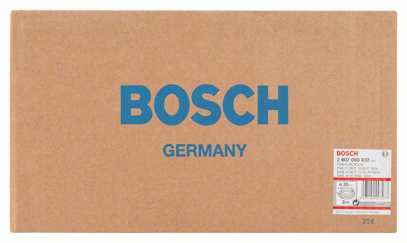 Boîte en carton avec le logo bleu 'BOSCH' et 'GERMANY' en dessous. À droite, une petite étiquette avec les détails du produit et un code-barres.
