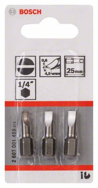'Trois embouts de tournevis Bosch dans un emballage, taille 1/4 de pouce, longueur 25 mm, adaptés pour des vis de 4,5 mm.'