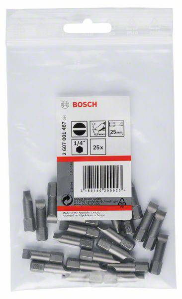 Un sachet de 25 embouts de vissage Bosch, longs de 25 mm, pour tournevis 1/4 de pouce, numéro de modèle visible sur le dessus de l'emballage.