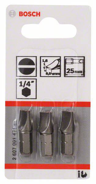 'Lot de trois embouts de tournevis Bosch, taille 1/4", longueur 25 mm. Convient pour perceuses ou visseuses sans fil.'
