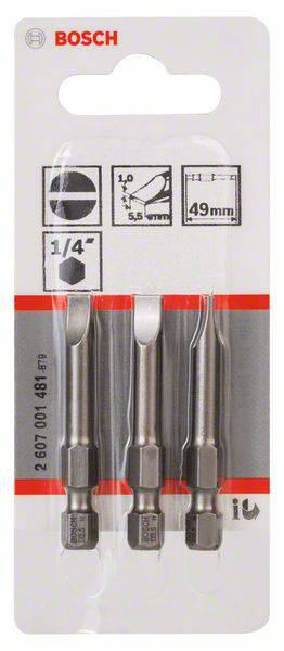 Emballage 'Bosch' comprenant trois tournevis de 49 mm, avec embout de 1/4 de pouce. Emballage avec détails du produit et dimensions.
