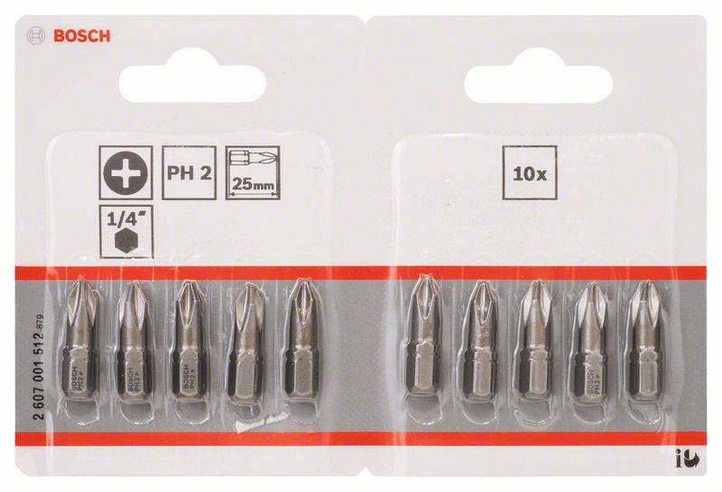 L'image montre un pack de 10 embouts de tournevis Bosch, type PH2, 25mm, pour vis à tête cruciforme. Emballage transparent, marque en haut à gauche.