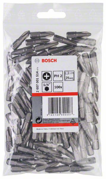 Un sachet de 100 embouts de tournevis Bosch PH2, longs de 25 mm, pour supports de 1/4 de pouce. L'emballage fournit des détails sur la taille et la quantité.