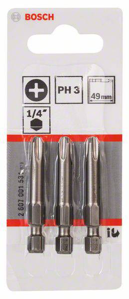 'Trois embouts de tournevis Bosch PH3 à pointe cruciforme, 49 mm, en blister. Compatibles avec des outils de 1/4 de pouce.'