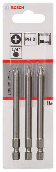 Trois embouts de tournevis Bosch PH 2 d'une longueur de 89 mm sur un emballage transparent. Adaptés aux vis avec empreinte hexagonale 1/4".