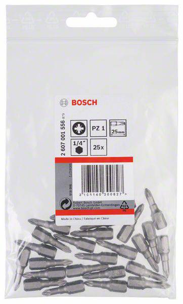 'Sachet de 25 embouts de tournevis Bosch, PZ 1, 25 mm. Contient des informations produit et un code-barres sur l'emballage.'