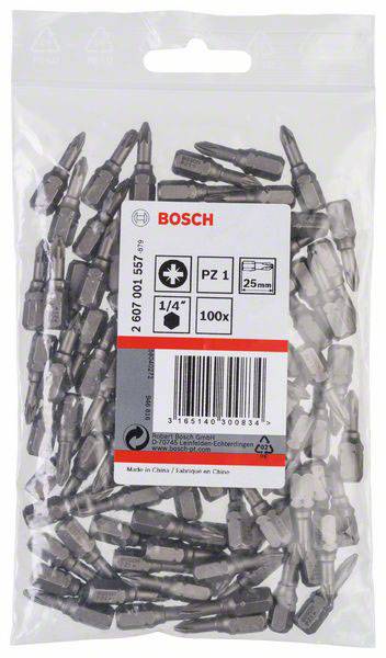 Un sachet en plastique contenant 100 embouts de tournevis Bosch, modèle PZ 1, adaptés aux emmanchements 1/4 de pouce, longueur 25 mm, fabriqués en Chine.