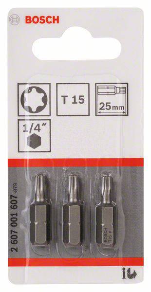 Emballage contenant trois embouts Bosch Torx T15, de 25 mm de long, avec un entraînement de 1/4 de pouce.