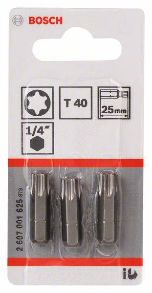 'Trois embouts de tournevis Bosch T40, longs de 25 mm, 1/4 de pouce. L'emballage présente le logo de la marque et les détails techniques.'