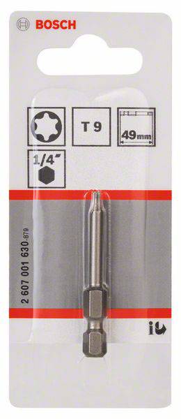 Emballage d'un embout de tournevis Bosch T9, longueur 49 mm, diamètre 1/4", numéro de pièce 2 607 001 630.