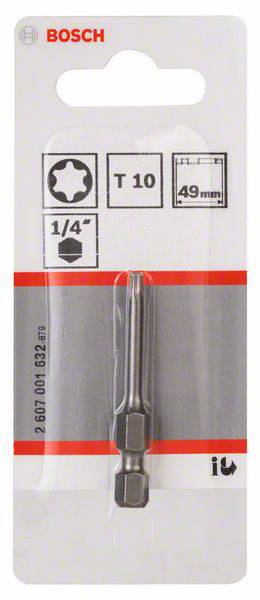 Mèche Bosch, Torx T10, pour mandrin 1/4 de pouce, longueur 49 mm. Emballage avec logo, code 2607000632.