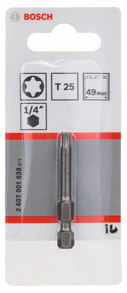 'Embout de tournevis Bosch T25, 49 mm, adapté aux entraînements hexagonaux 1/4", face avant de l'emballage avec illustration du produit.'