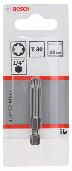 Emballage d'un embout Torx Bosch T30, long de 49 mm et de diamètre 1/4 de pouce, adapté aux tournevis ou perceuses.