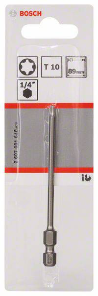 Embout de tournevis Bosch T10, long de 89 mm, tige hexagonale 1/4 de pouce, dans son emballage d'origine. Adapté pour les travaux de vissage.