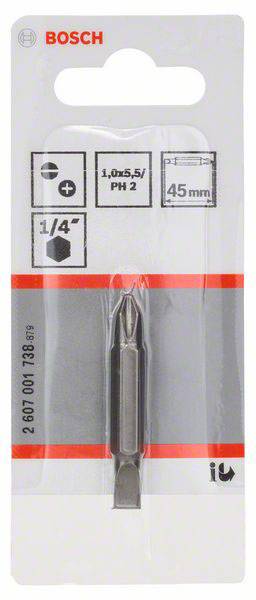 Emballage d'un embout de tournevis PH2 de Bosch, long de 45 mm, compatible avec des outils de 1/4 de pouce. Contient des informations sur le fabricant et le produit.