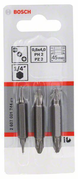 'Trois embouts de tournevis Bosch PH2/PZ2, taille 0,6x4,0, en blister, longueur 45 mm, avec tige hexagonale 1/4 pouce.'