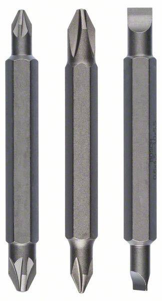 'Trois embouts de tournevis double face : Phillips, Torx et Plat, en gris métallique. Adaptés à différents types de vis.'