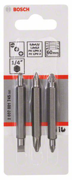 Embouts de tournevis Bosch 60 mm double extrémité, trois embouts par paquet, compatibles avec PZ 1/PZ 2 et PH 1/PH 2, fixation 1/4 de pouce.