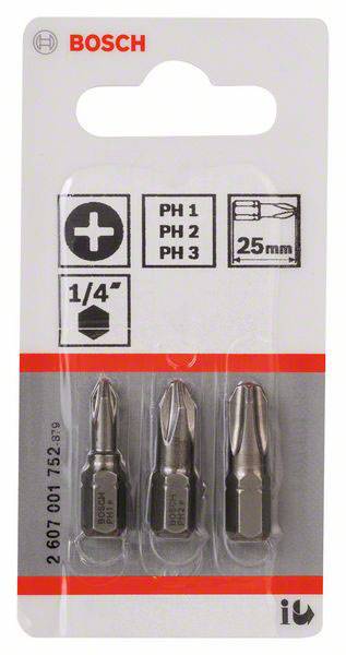 Trois embouts de tournevis Bosch en blister : PH1, PH2, PH3. Adaptés aux supports 1/4'', longueur 25 mm.
