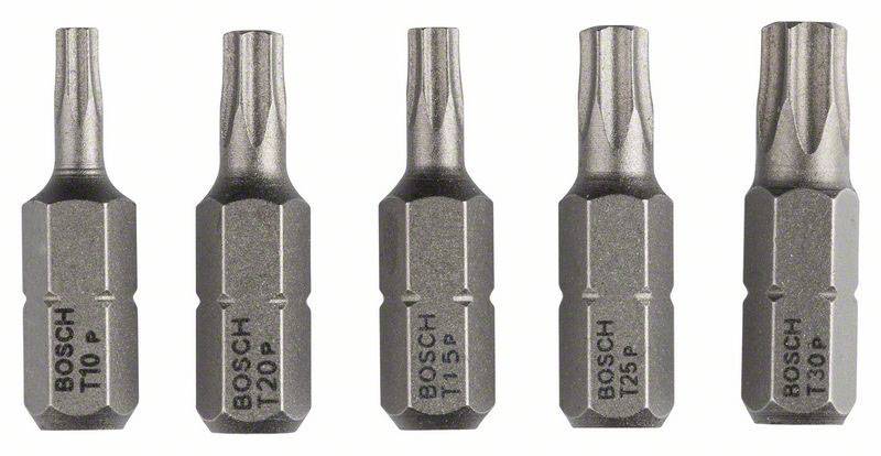 Cinq embouts de tournevis BOSCH alignés, de gauche à droite : T10, T15, T20, T25, T30. Ils sont en métal et possèdent une tige hexagonale.