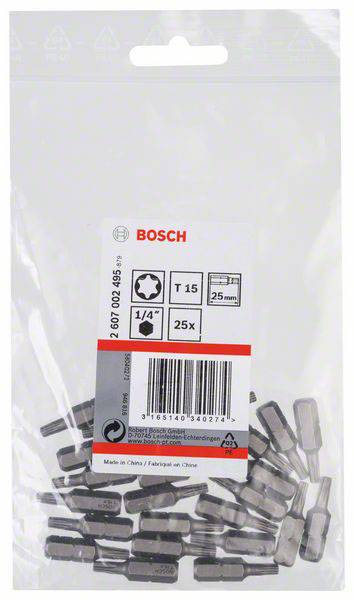 Sachet de 25 embouts de tournevis Bosch, Torx T15, 1/4 pouce. Description du produit et code-barres sur l'étiquette.