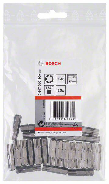 'Pochette avec 25 embouts Bosch T40 1/4", longueur de 25 mm, de couleur argentée, clairement visibles grâce à un design d'emballage transparent.'