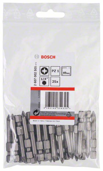 Sachet en plastique contenant des embouts de tournevis Bosch, taille PZ1, 25 pièces, longueur 49 mm. L'emballage comprend une étiquette avec les informations du produit.