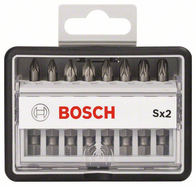 Un lot de dix embouts de tournevis Bosch dans un boîtier en plastique transparent, adapté à différents types de têtes de vis.
