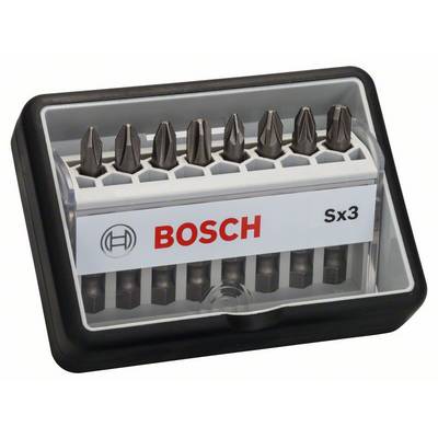 Ensemble d'embouts de tournevis Bosch Sx3 dans un boîtier en plastique transparent, comprenant dix embouts différents disposés en deux rangées.