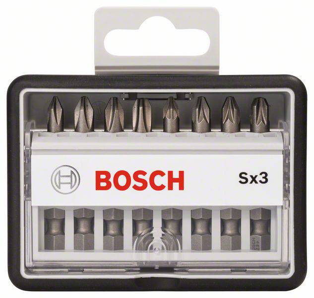 Coffret d'embouts de Bosch pour tournevis. Contient différentes tailles d'embouts, rangés dans un boîtier en plastique transparent avec le logo 'Bosch Sx3'.