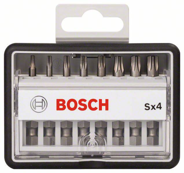 Coffret de 8 embouts de tournevis différents dans un boîtier en plastique transparent. Marque : Bosch, Modèle : Sx4.
