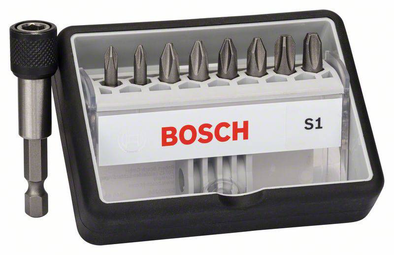Coffret de dix embouts de tournevis de marque 'Bosch', modèle S1, avec un porte-embout à côté.