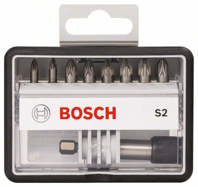 Un ensemble de sept embouts de tournevis Bosch dans un boîtier en plastique transparent. Texte sur le boîtier : « BOSCH S2 ».