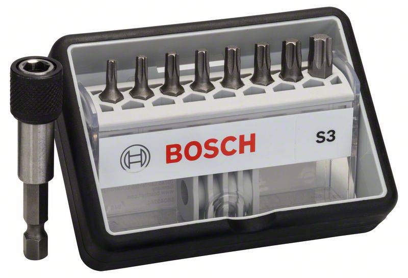 Ensemble de bits Torx de Bosch, modèle S3, conservé dans un boîtier en plastique. Contient différentes tailles de bits et un porte-embouts.