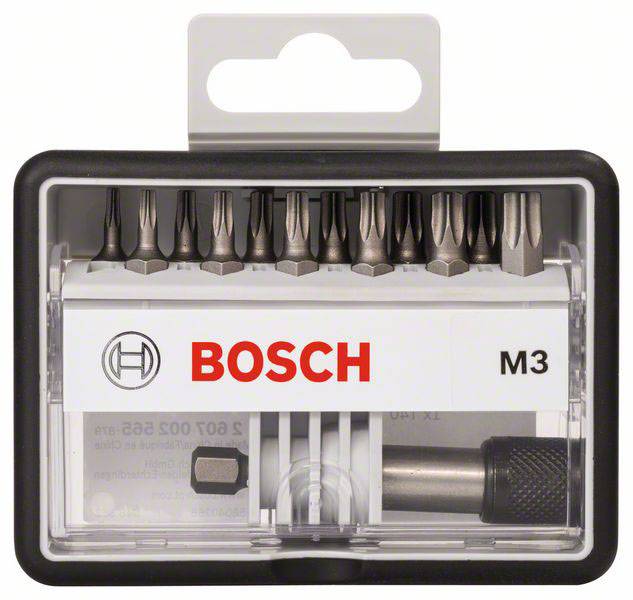 'Ensemble de embouts Bosch M3 avec différents embouts de vissage dans un étui transparent à bordure noire. Nom de la marque bien visible.'