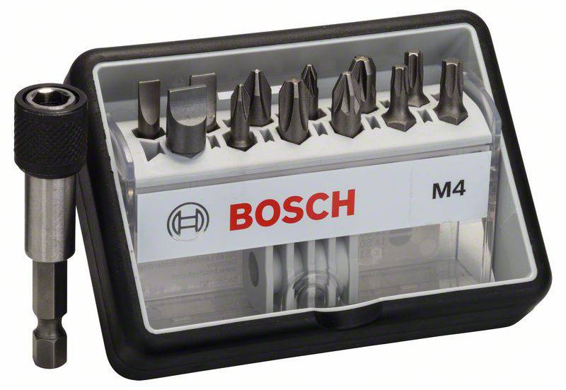Un ensemble de différents embouts de tournevis dans un boîtier en plastique noir de la marque Bosch, modèle M4.