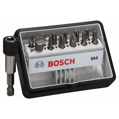 Un ensemble de différents embouts de tournevis dans un boîtier en plastique noir de la marque Bosch, modèle M4.