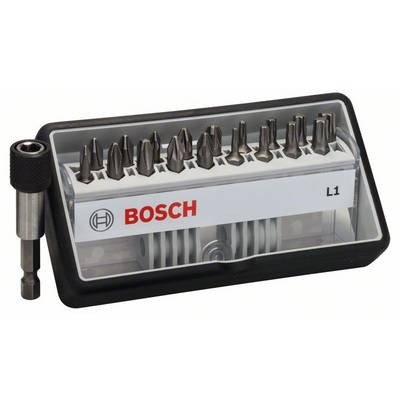 Un coffret de embouts de Bosch avec plusieurs embouts de vissage dans un boîtier transparent, à côté d'un porte-embout individuel.