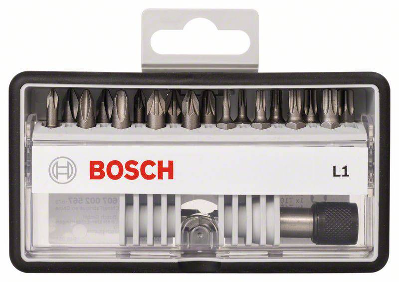 Ensemble de embouts de vissage Bosch L1 dans un étui en plastique transparent, comprenant différents embouts et un porte-embout.