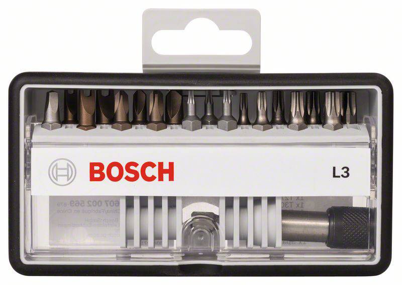 Bosch L3 Bit-Set dans un boîtier en plastique avec différentes tailles d'embouts de vissage. Un système d'insertion est visible dans le couvercle.