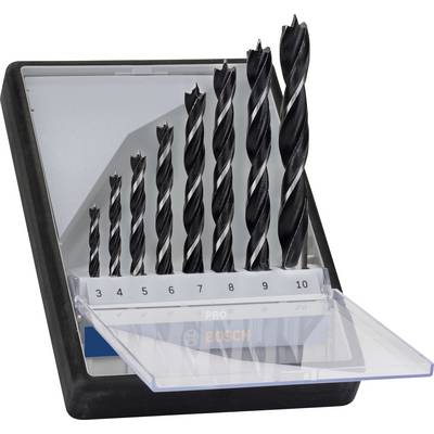 Un ensemble de huit forets hélicoïdaux noirs de différentes tailles dans un coffret en plastique ouvert, avec le nom de la marque visible.