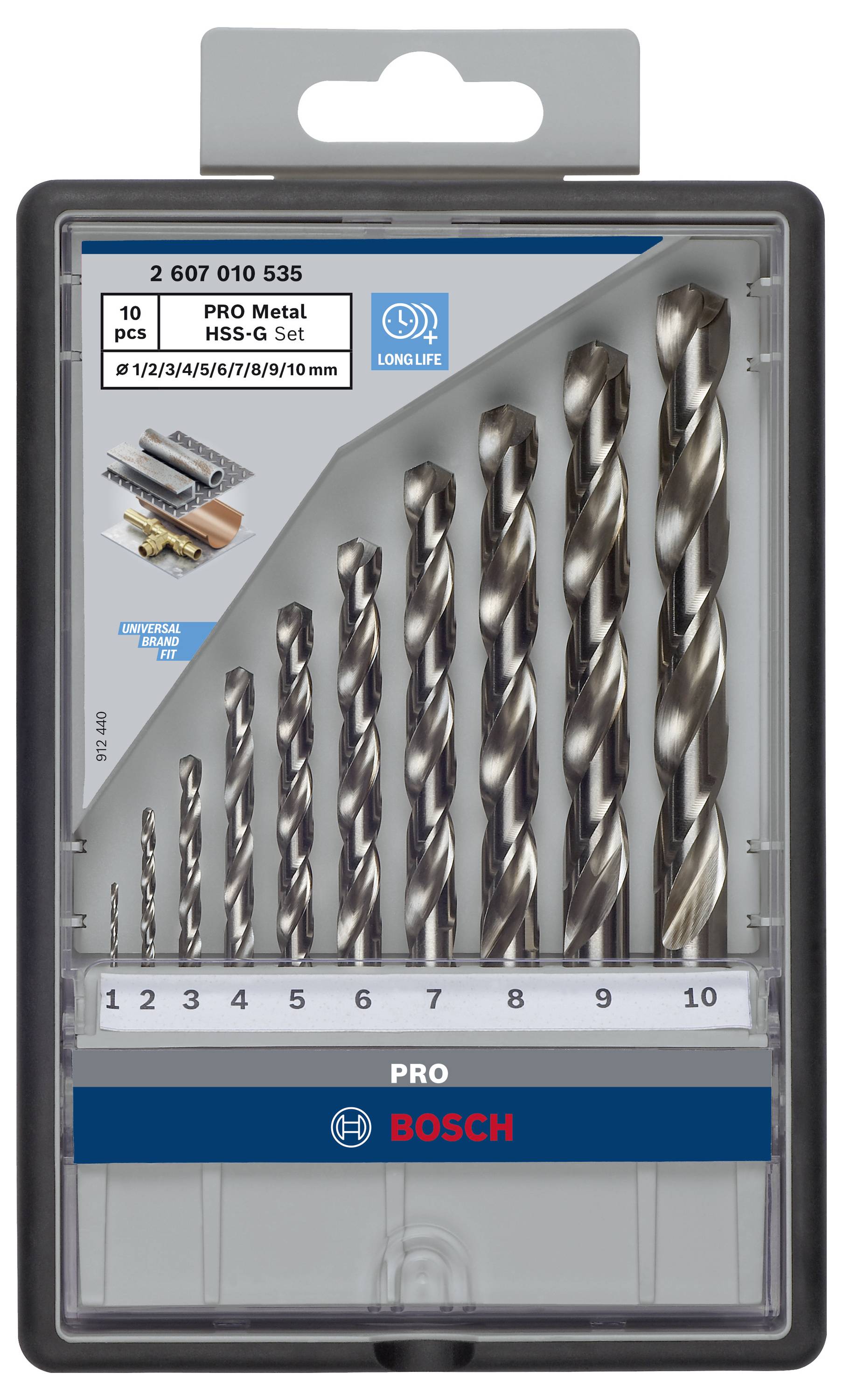 Coffret de forets Bosch pour le travail des métaux, composé de 10 pièces. Tailles de 1 à 10 mm, HSS-G pour une longue durée de vie.