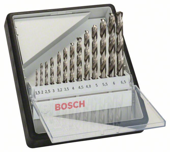 Un ensemble de dix forets Bosch de tailles allant de 1,5 à 6,5 mm, rangés dans un coffret en plastique ouvert avec un couvercle transparent.